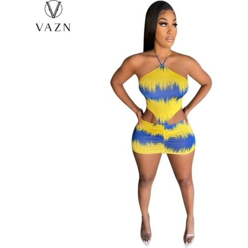 VAZN 2021 Halter Pleated Chic Ladies Casual Shinny Night Party Shinny Slim Mini Dress Sleeveless Energetic Suitable Dress