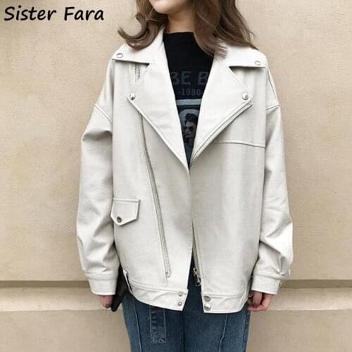 Sister Fara Short Faux Leather Biker Jacket Soft Jacket Female Pu Leather Jacket Women Fashion Bright Colors Beige Casual Coat