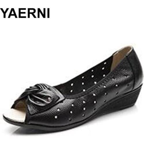 YAERNI New women shoes genuine leather sandals wedges platform sandals woman peep toe ladies loafers chaussure femme