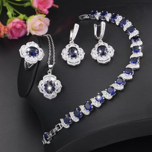 Funmode Fashion Blue Cubic Zircon Flower Shape Bridal Wedding Jewelry Sets For Women bijoux femme Accessories Wholesale FS117