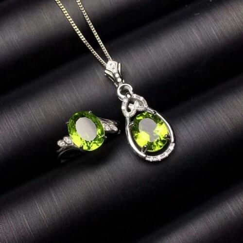 Fashion Lovely Ellipse Natural green peridot Pendant ring earrings Natural olivine Jewelry Set 925 Silver Women party jewelry