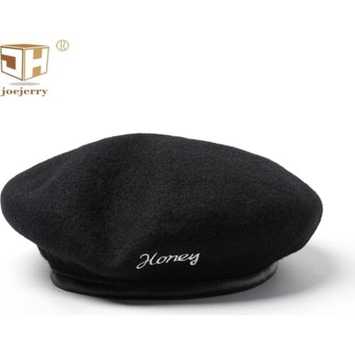 Joejerry Wool Beret Black Leather Flat Cap French Hat Embroidered Beret Female Lletter Hat Women Winter