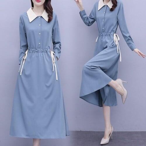Womens Blue Long Sleeve Dress Shirt Party Loose Slim Casual Blouses Blusas 2021 Autumn Belt Big Office Ladies Work Wear Dresses