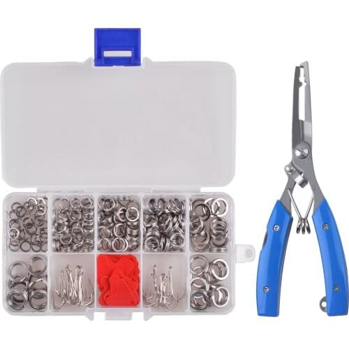 225pcs/Box Fishing Stainless Steel Split Rings Heavy Duty Saltwater Line Lure Connectors Treble Hooks With Fishing Pliers