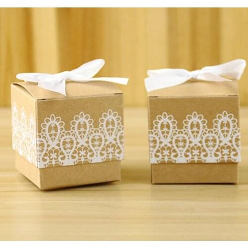50pcs Laser Cut Lace bow kraft paper DIY Gift Candy Boxes Favor Boxes Sweet Bag & Ribbon for Wedding Birthday Party Decoration