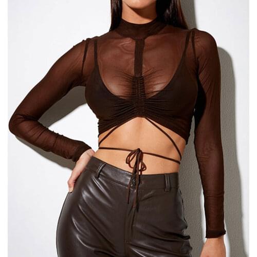 Blusas cortas femeninas, blusa transparente de manga larga con cuello simulado de color sólido para mujeres adultas