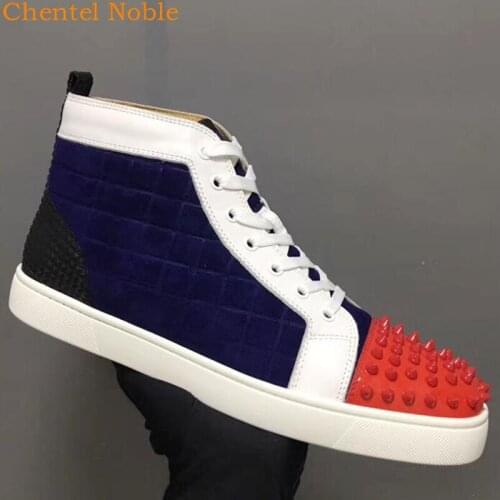 Brand Chentel Comfortable Patent Leather Red Spikes Fashion Men Casual Shoes Party Dress Flats Lace-Up Mixed Color Sneakers