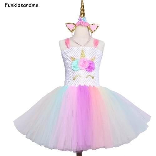 Children Girls Unicorn Tutu Dress Knee-Length Pastel Flower Girls Birthday Party Dress Kids Fancy Halloween Unicorn Costume 2-12