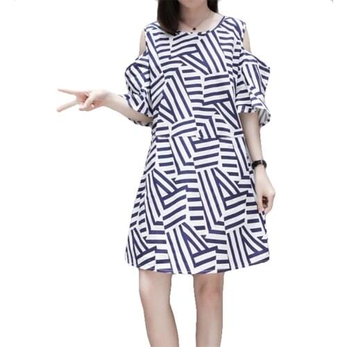 Womens Summer Striped Dresses Half Sleeve O Neck Office Lady Summer Casual Cute Blue Off Shoulder Dress Vestidos 2019 New