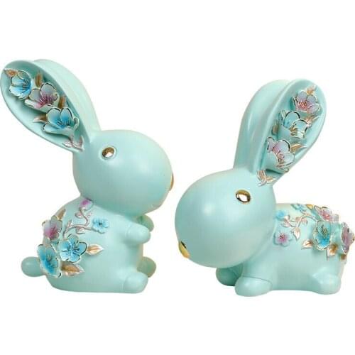2PCS/SET EMBOSSED FLOWER RABBIT FIGURINE CUTE ABSTRACT FORTUNE RABBIT STATUE RESIN ORNAMENT HOME DECORATION ACCESSORIES R2455