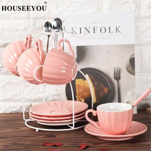 HOUSEEYOU European Pumpkin Style Bone China Coffee Cup Saucer Set Teacups Ceramic Cup Advanced Porcelain Valentine Tea Mug Cup