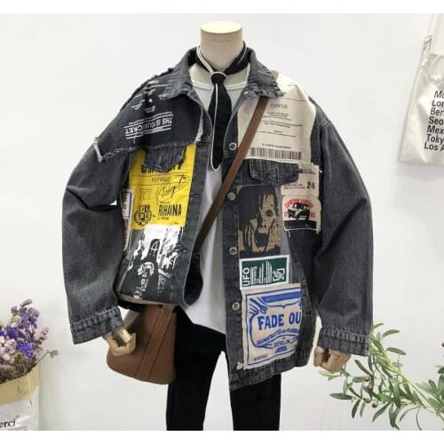 Man Casual Oversized Coats 2021 Autumn Hip Hop Men Vintage Outwears Graphic Printed Mens Denim Jackets Japanese
