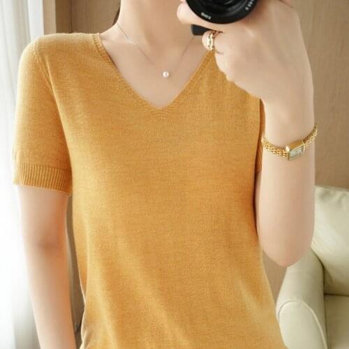 Summer new wool T-shirt womens knitted short-sleeved loose V-neck casual all-match short solid color pullover T-shirt