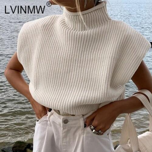 LVINMW Mock Neck Short Sleeve Pad Knitted Slim Sweater Pure Color Rib Elegant Sweaters For Women Fashion Autumn Winter Pullovers