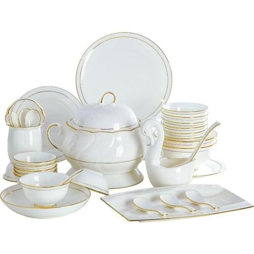 Bowl and Dish Set European creative plate combination Jingdezhen bone china tableware plate and bowl light luxury high-grade gif