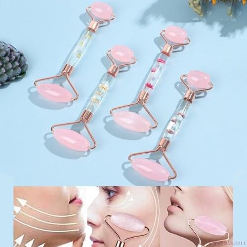 Natural Rose Quartz Facial Jade Stone Roller Beauty Tool Face Massager Flowering 1pc