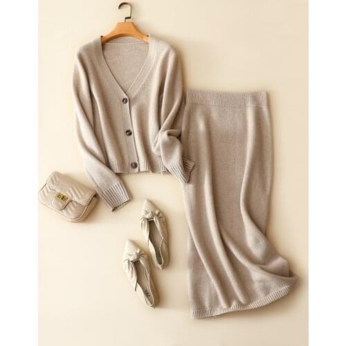 Winter new 100% cashmere 2 piece set women cardigan plus skirt