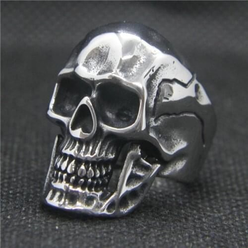 Drop Ship 7-13 Cool Ccrack Skull Ring 316L Stainless Steel Fashion Big Cool Skull Biker Ring
