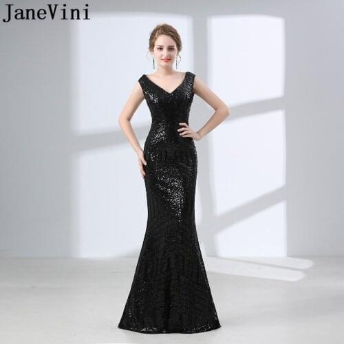 JaneVini Luxury Black Sequin Evening Dress Ladies Woman Long Dress Elegant Evening Gown Mermaid Prom Dress Abito Cerimonia Donna