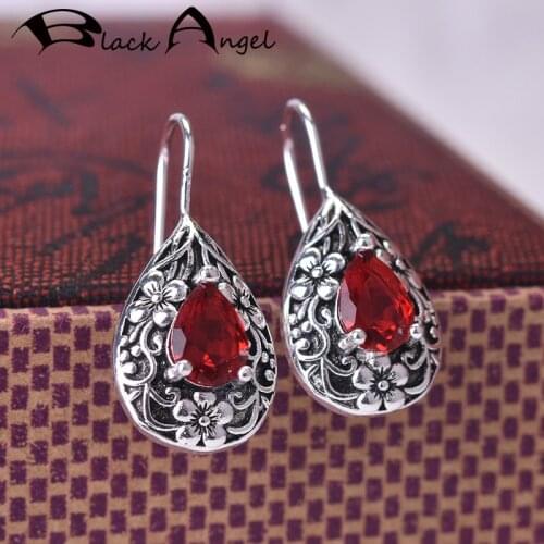 BLACK ANGEL Vintage Thai Silver Water Drop Shaped Pattern Luxury Ruby Gemstone Drop Earrings For Women Jewelry Christmas Gift