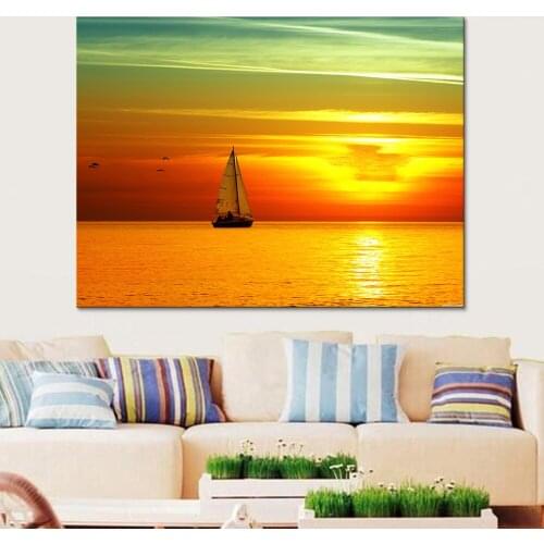 Modern Canvas Paint HD Painting Decoration Modular Sunset Sailboat Picture Art Printing Living Room Framework Poster Type