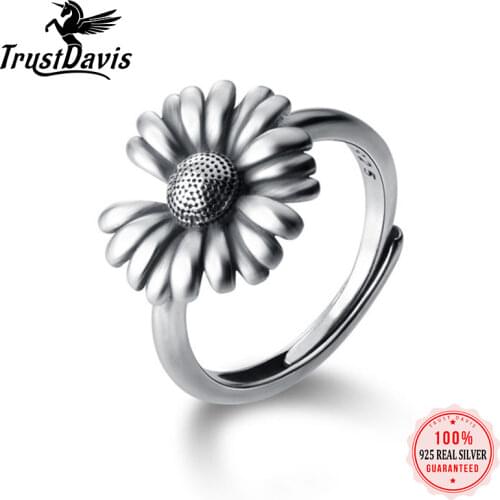 ElfoPlataSi Real 925 Sterling Silver Fashion Sweet Daisy Flower Adjustable Ring For Women Wedding Valentines Day Jewelry DD724