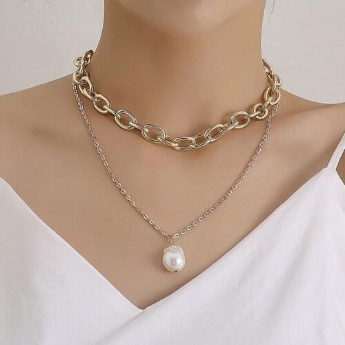 Vintage Punk Aluminium Thick Chain Pearl Pendant Necklace Women Double Layer Temperament Geometric Clavicle Necklace Jewelry