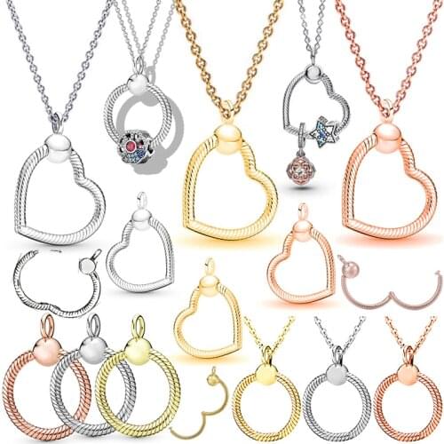 Rose Base Snake Chain Heart Pendant Fit Original Pandora Charms Bracelet Women DIY Silver Color Circle Ring Dangle Necklace Gift