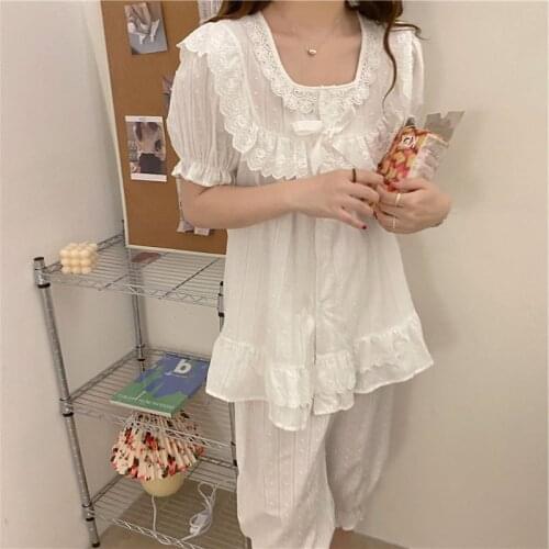Korean Womens Pajamas Sets All Cotton Court Breeze Lace Nightgown Princess Wind Short Sleeve Capris Home Suit Female Sleepwear