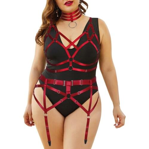 Plus Size Fat Female Restraint Suspender Women Body Bondage 2 Pcs Set Erotic Toy For The Couple Hollow Out Stockings Garter Belt
