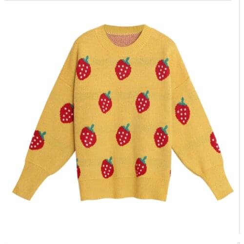 Women Sweaters Strawberry Long Sleeve Knitted Tops Kawaii Oversized Jumper O Neck Soft Pullover Girls Korean Fashion Knitwear