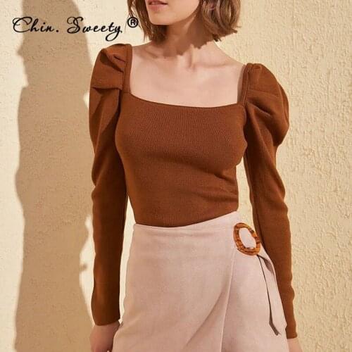 Womens Solid Knitted Square Collar Pullovers 2021 Autumn New Puff Sleeve Slim All-match Sweater Ladies Fashion Office Clothes