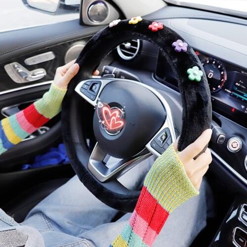 Daisy Flower Car Steering Wheel Cover Plush Car Seat Belt Cover Universal Car Styling Cartoon Armrest Cover Women