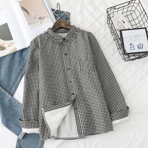 Stand-up collar plus velvet plaid shirt womens long-sleeved Korean style slim and versatile student thickened shirt