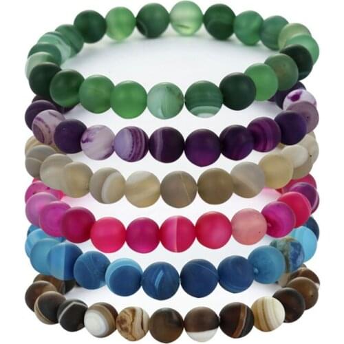 Women Men Natural Stone Beads Bracelets 2020 New 8Mm Natural Frosted Matt Stripe Agates Stone Bracelet Bangles For Friend18 Cm