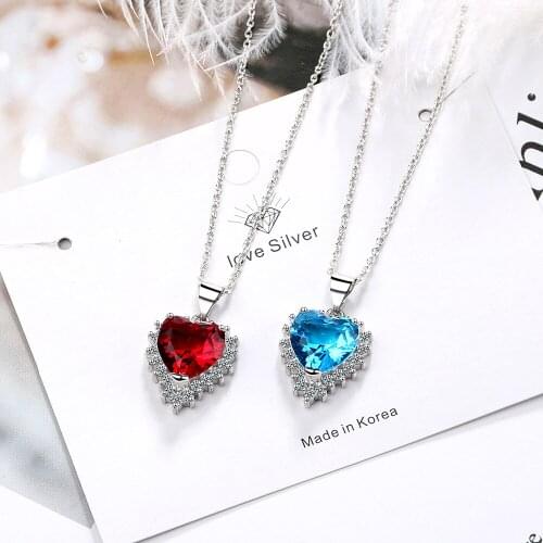 925 Sterling Silver Classic Blue Red Heart Shaped Pendant Necklaces For Women Zircon Chain Necklace Wedding Party Jewelry Gift