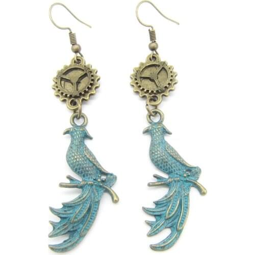 Cykopv New Original Design Vitnage Green Peacock Drop Steampunk Lady`s Earring