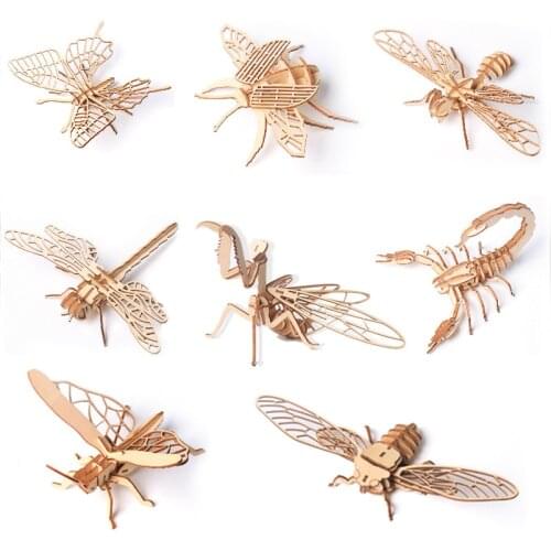 Childrens DIY wooden puzzle three-dimensional 3D hand assembled insect model brain game toys for kids gift