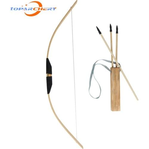 Kids Hunting Bow Wood Bamboo Set Outdoor Gaming Archery Bow for Children 1pc Bow and 3pcs Arrow and 1pc Arrow Quiver