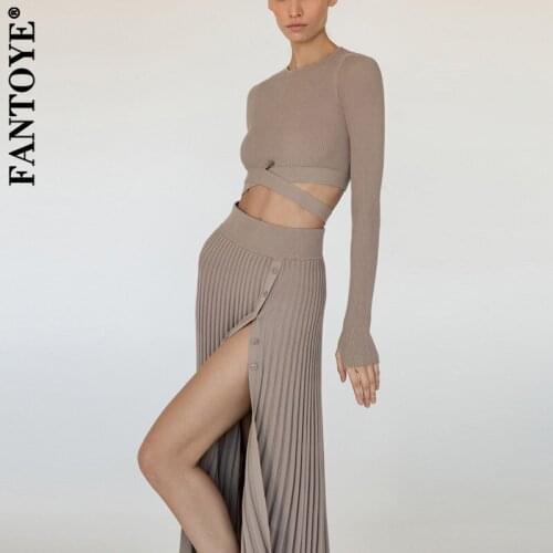 Fantoye Autumn Cotton High Split Bandage Women Two Piece Sets Long Sleeve Tops Maxi Pleated Skirts Women Elegant Knitted Outfits
