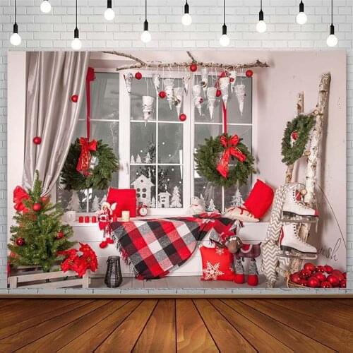 Winter Christmas Tree Backdrop Wreath Pillow Bell Skates Window Curtain XMAS Photography Background Photo Studio Photozone Props