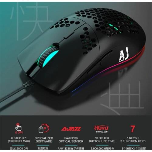 Ajazz aj390 game mouse with 16000 DPI optical sensor chroma RGB lighting 7 programmable buttons wired side button touch wheel li