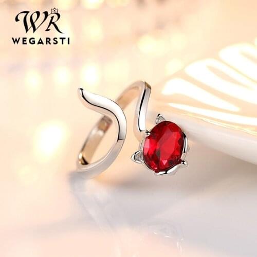 WEGARSTI Womens Jewelry 925 Sterling Silver Oval Ruby Rings For Women Open Size Zircon Wedding Anniversary Ring Jewelry