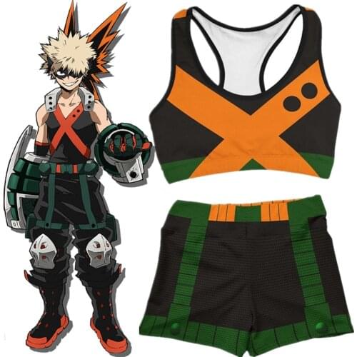 Anime My Hero Academia Cosplay Costume Bakugou Katsuki Gym Sport Workout Running Short Bra Yoga Suit Tracksuit Fitness