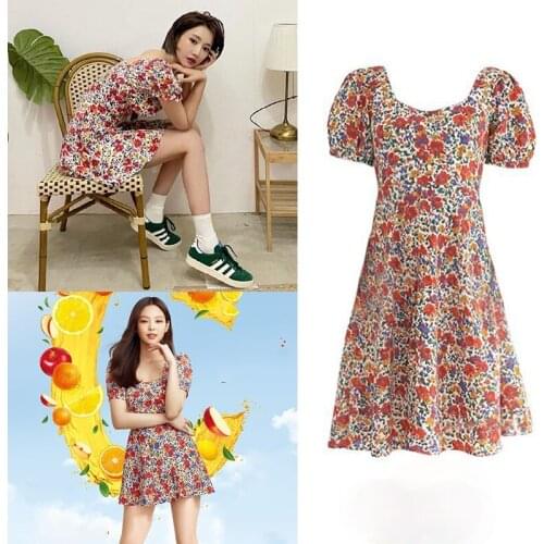 Kpop Korean Celebrity Vintage Floral Print Backless Dress Women Sexy Mini Dresses Summer Short Sleeve Ladies Elegant Beach Dress