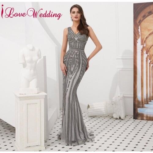 Fashion Sexy V Neck Straps Gray Sequins Mermaid Sheath Long Evening Party Formal Sleeveless Luxury Women Prom Dresses for Party