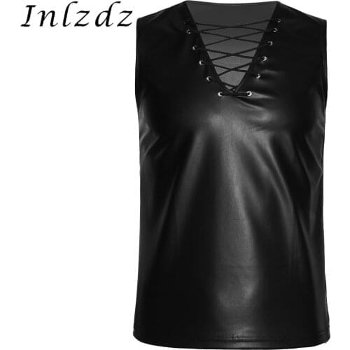 Mens Tank Top Lace-up Faux Leather T-shirt V Neck Sleeveless Clubwear Tops Stage Performance Costume for Club Stage Show