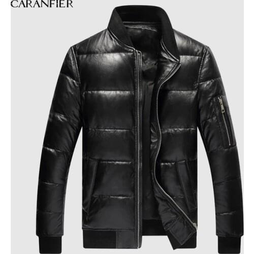 CARANFIER 2019 Mens Winter Warm Black Genuine Leather Real Lambskin Duck Down Bomber Jackets Coats Jaqueta De Couro Deri Ceket