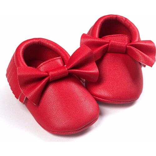Red Bow Knot Newborn Shoes PU Feather Fashion Baby Girl First Walkers Girls Moccasin Bebe Sneakers Children Slippers 0 1 2 Year