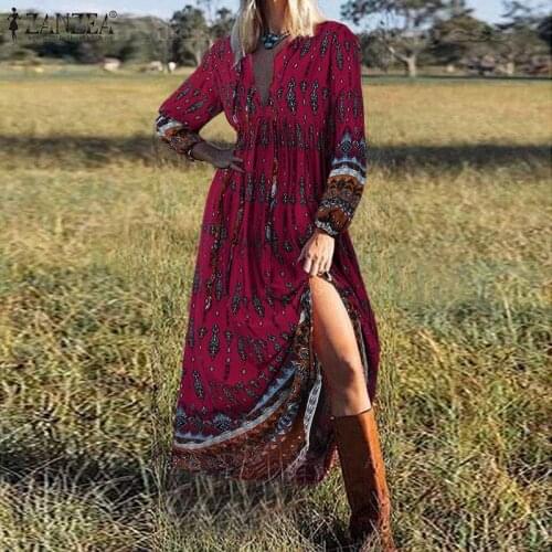 Women Bohemian Maxi Long Dress ZANZEA V Neck Full Puff Sleeve Sundress Casual Elegant Beach Vestidos Loose Floral Print Kaftan
